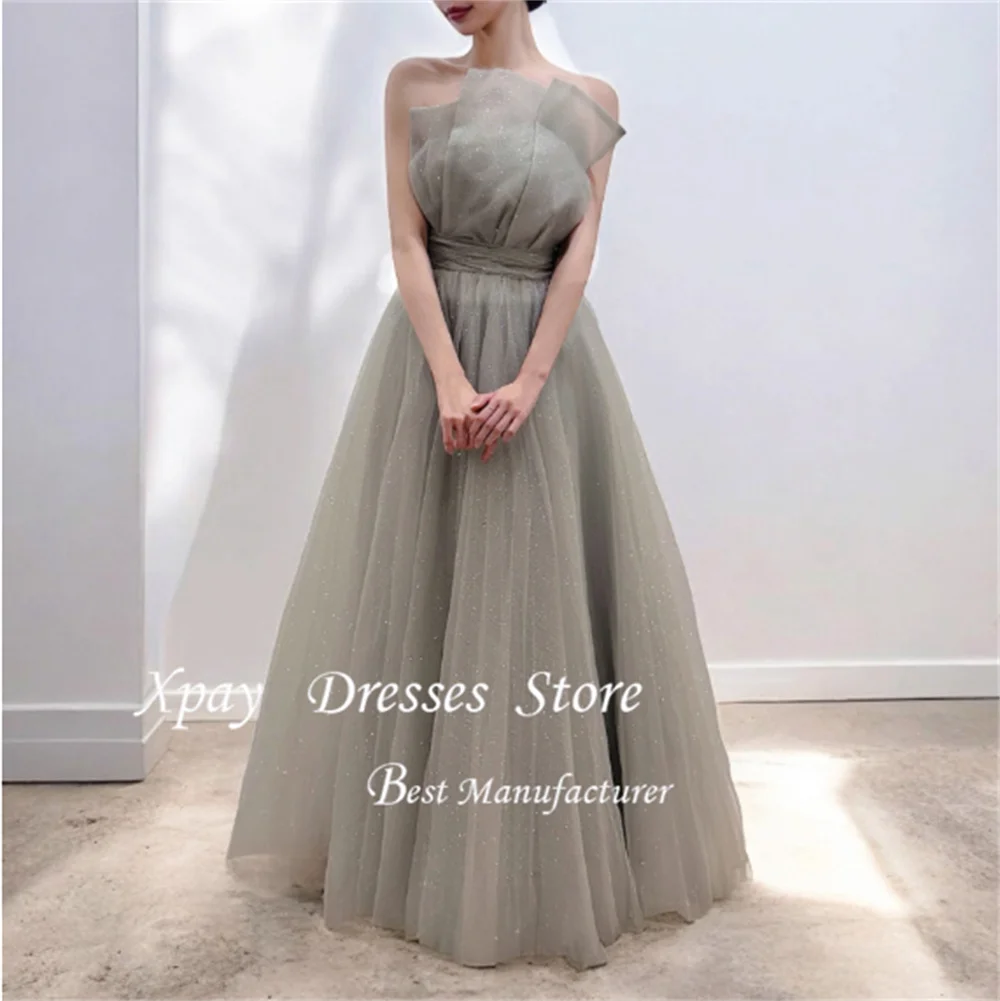 XPAY Brillante volant senza spalline Corea A-Line Abiti da festa Servizio fotografico Cintura Elegante lunghezza pavimento Abiti da sera personalizzati