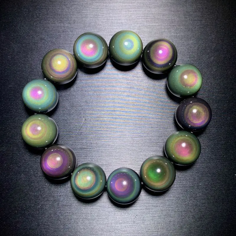 Handmade Natural Obsidian Bracelet Couple Unisex Bracelet Full Moon Rainbow Eye Starry Natural Colorful Obsidian Beads Bracelet