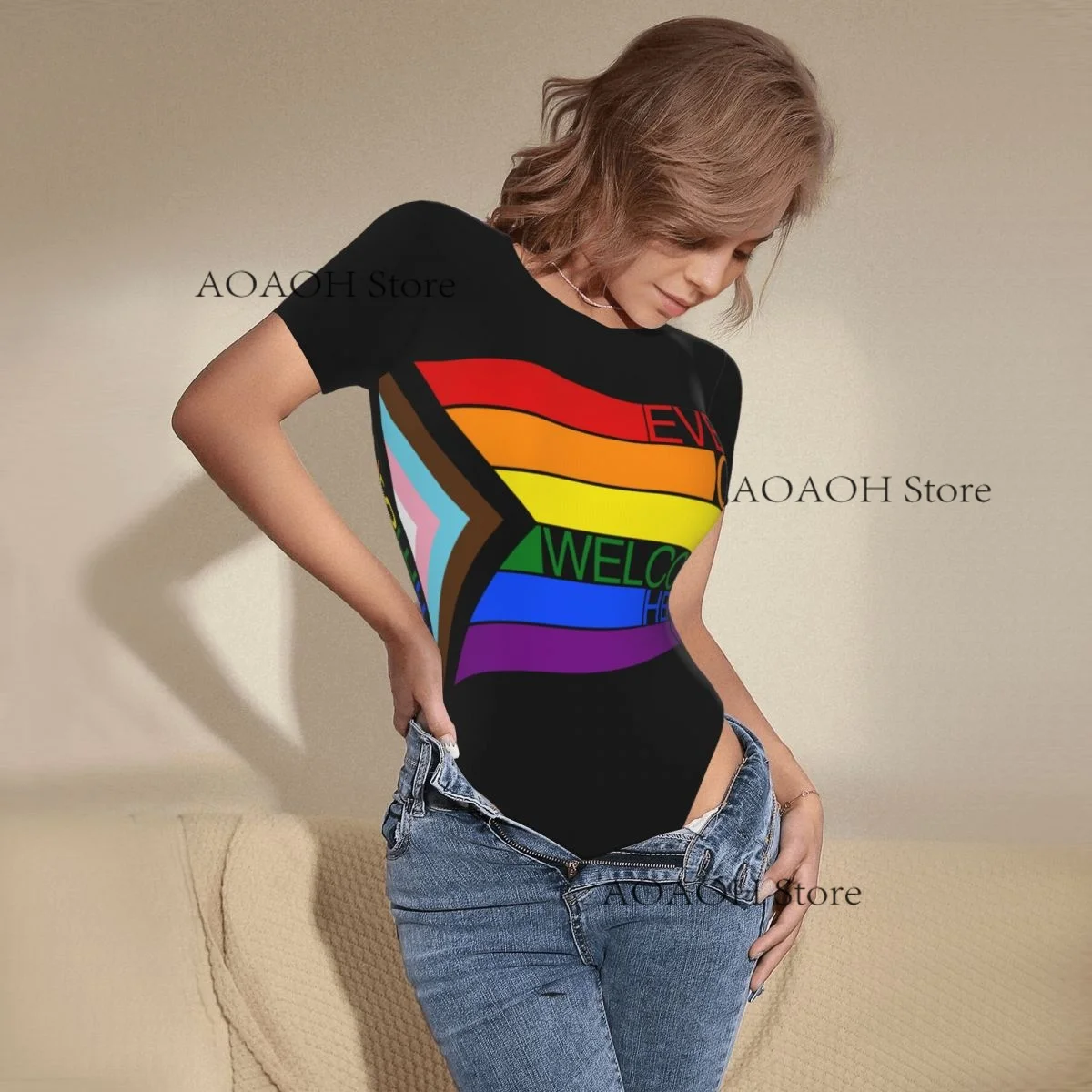 Pride Flag Rainbow Women's Casual Crewneck Leggings Jumpsuit Tight Sexy Short Sleeved