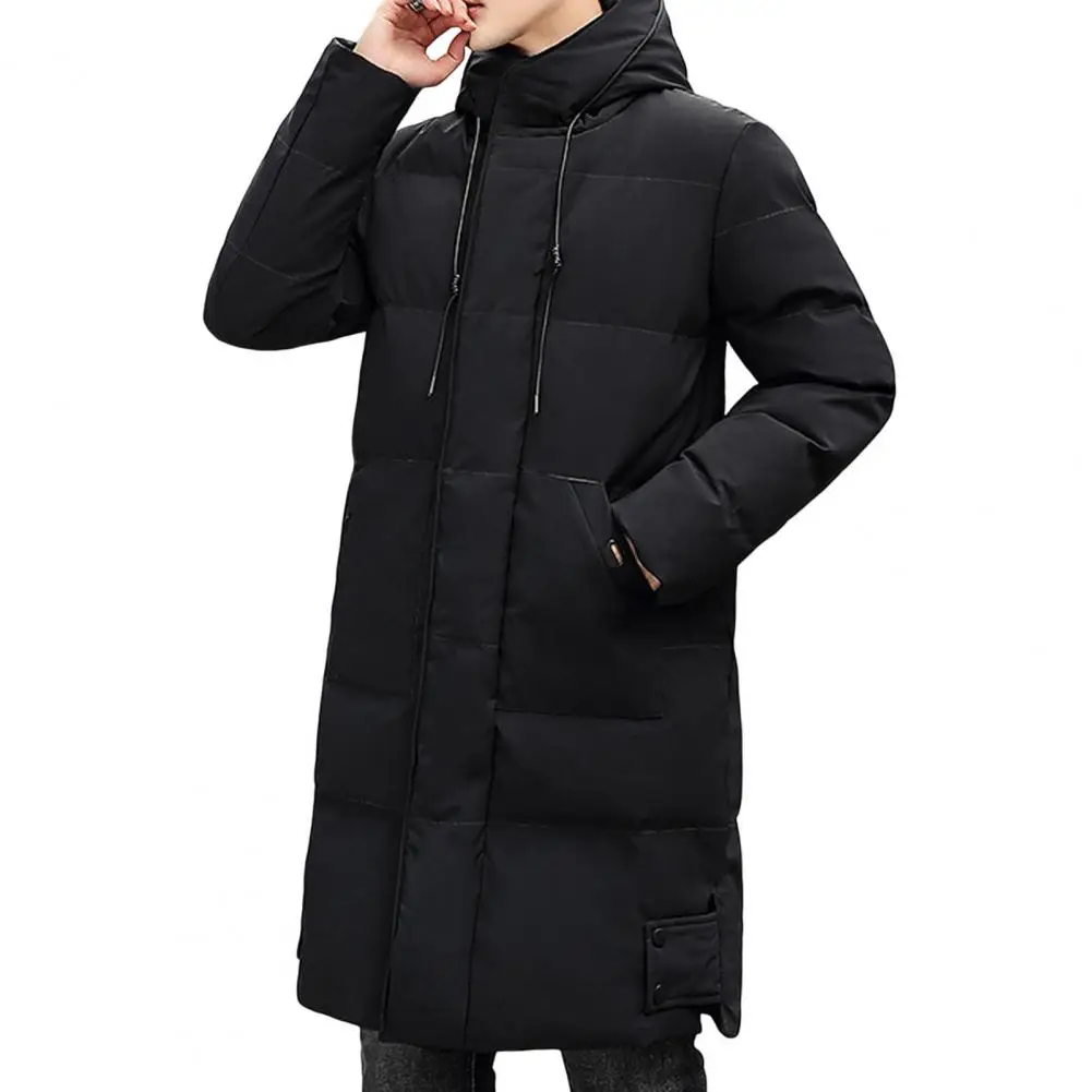 Cotton Coat Men\'s Hooded Cotton Puffer Coat with Drawstring Long Sleeve Mid-length Down Jacket Solid Color Thickened Winter