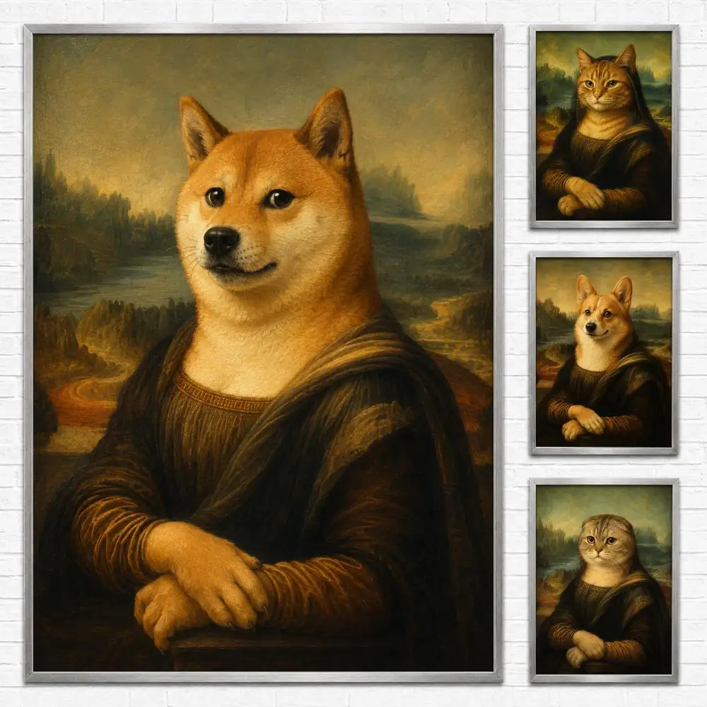 Pattern Mona Lisa Cat Dog Parody Poster Self‑Adhesive Waterproof PP Poster Coffee House Bar Wall Art Sticker Room Home Decor