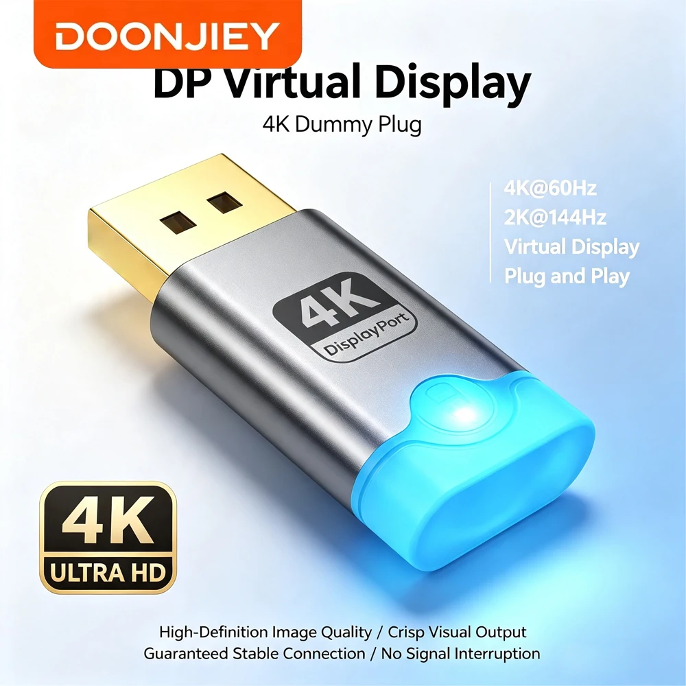 DOONJIEY 4K Displayport Dummy Plug DP Virtual Display Adapter Headless Ghost Display EDID Emulator with LED Lamp