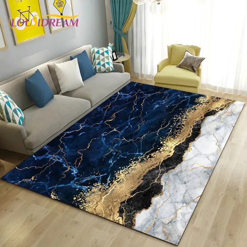 Colour Blue Gold White Marble Area Rug Large,Carpet Rug for Living Room Bedroom Sofa Doormat Decoration,kids Non-slip Floor Mat