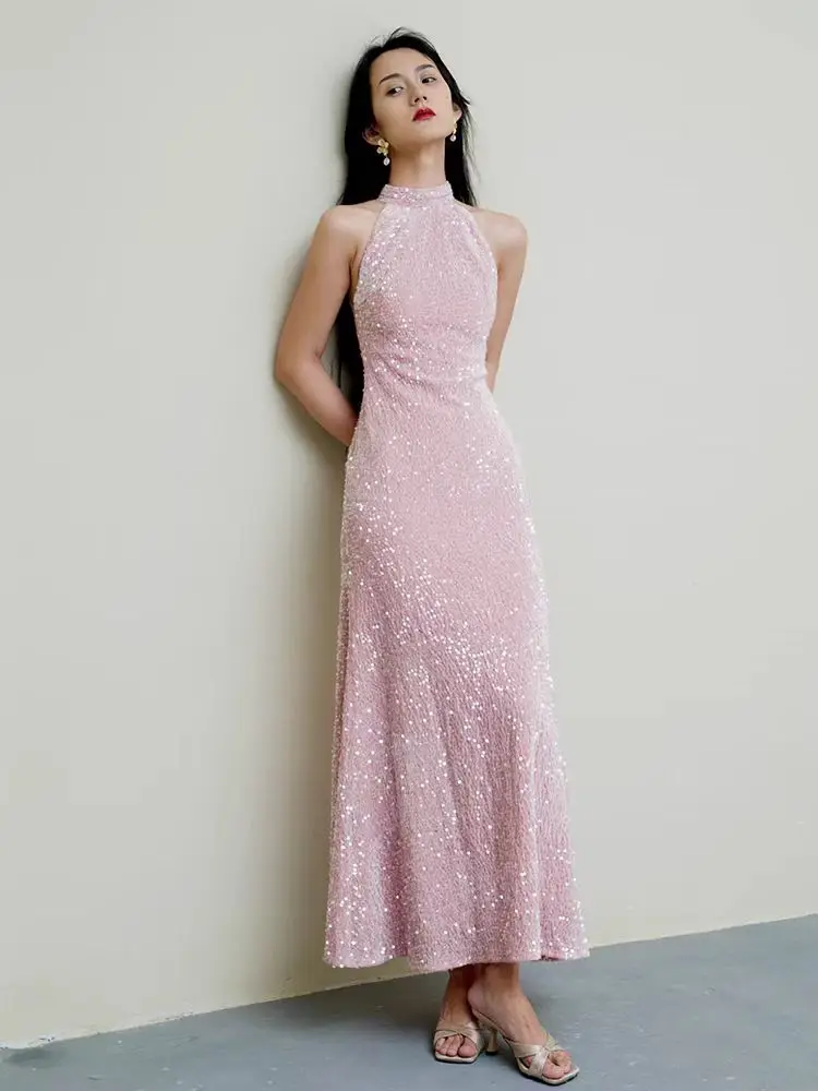 Autumn Sexy Halter Feather Sequined Dresses Long A-line Ankle-length Pink Women Formal Gowns 2024 Elegant Party Dress