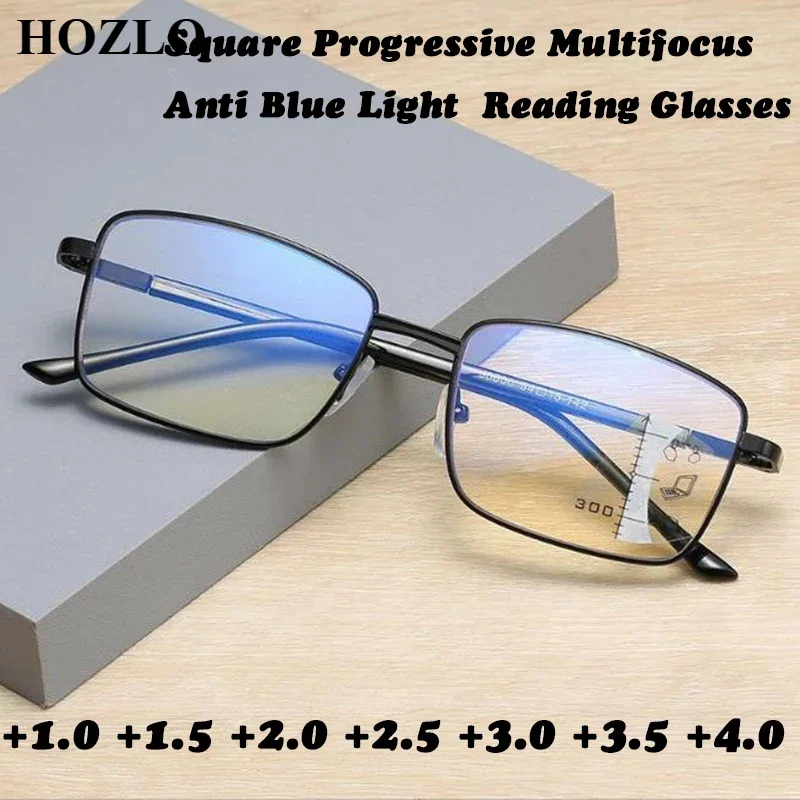 

New Square Progressive Multifocus Reading Glasses Anti Blue Light Presbyopic Glasses Spring Hinge Readers Far and Near Dual-use