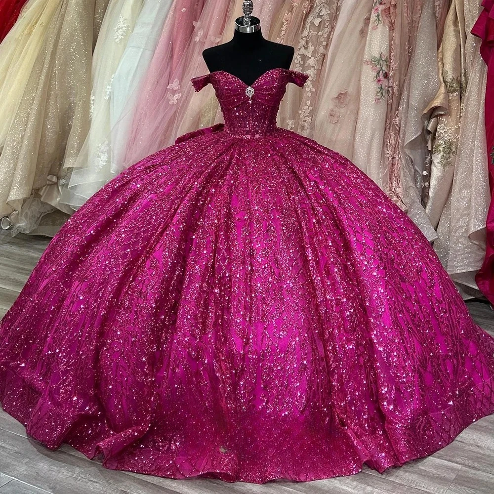 Vestidos de Quinceañera con Lentejuelas y Escote Bardot para Niñas, Vestidos de 15 Años Morado Personalizados