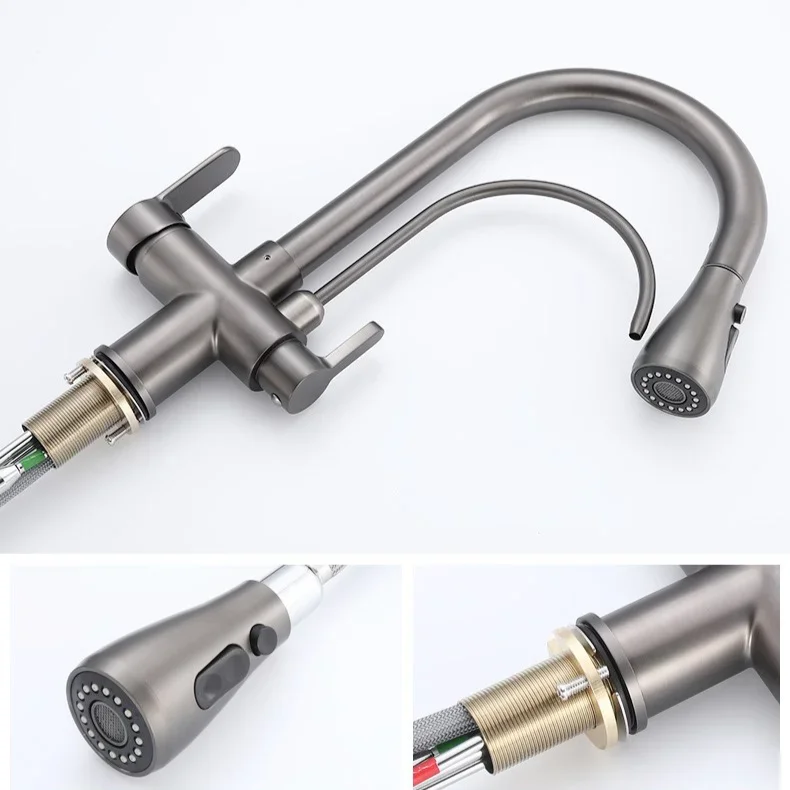 رمادي اللمس تصفية صنبور المطبخ مع سحب أسفل البخاخ سحب صنابير المطبخ الساخن الباردة صنبور المياه اللمس صنبور المطبخ