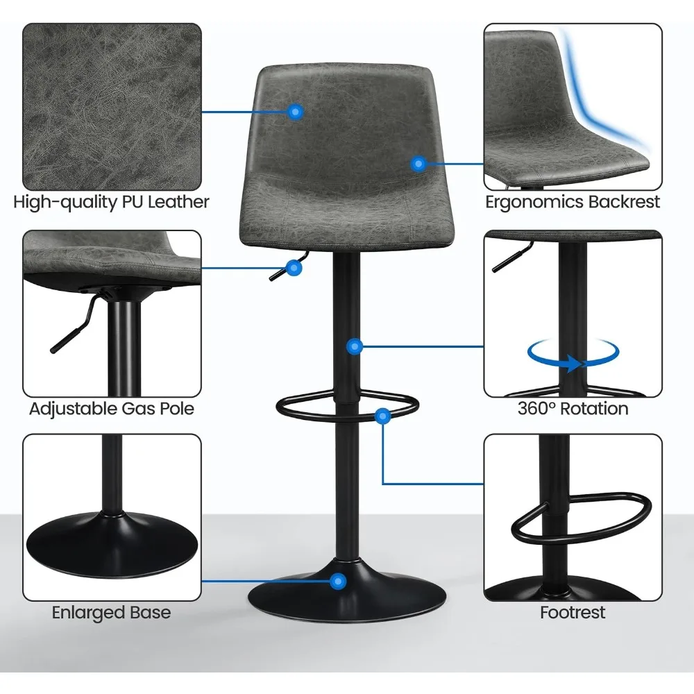 Tabourets de bar, tabourets de bar pivotants réglables sans accoudoirs avec dossier et repose-pieds, chaises de bar à hauteur de comptoir en cuir PU