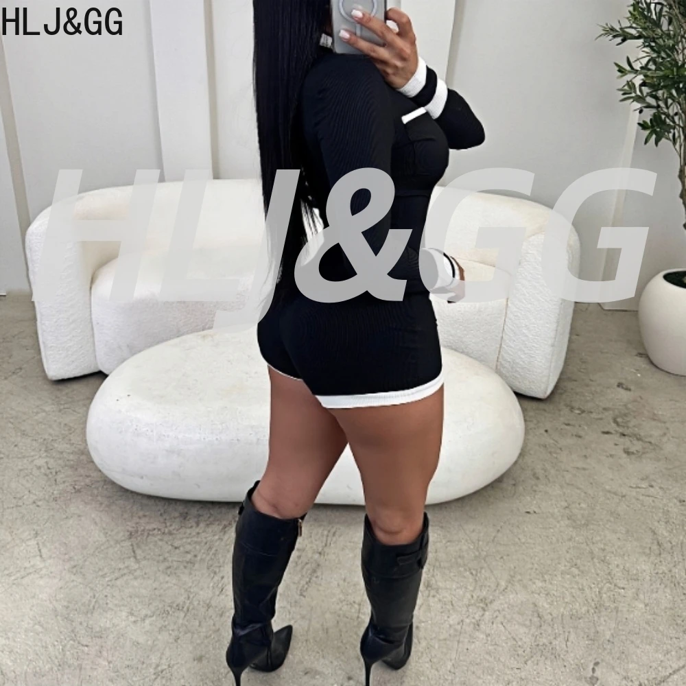 HLJ & GG أسود موضة اللون لصق Bodycon قطعة واحدة ثوب فضفاض للنساء التلبيب زر كم طويل حللا ضئيلة وزرة الإناث 2025 #6
