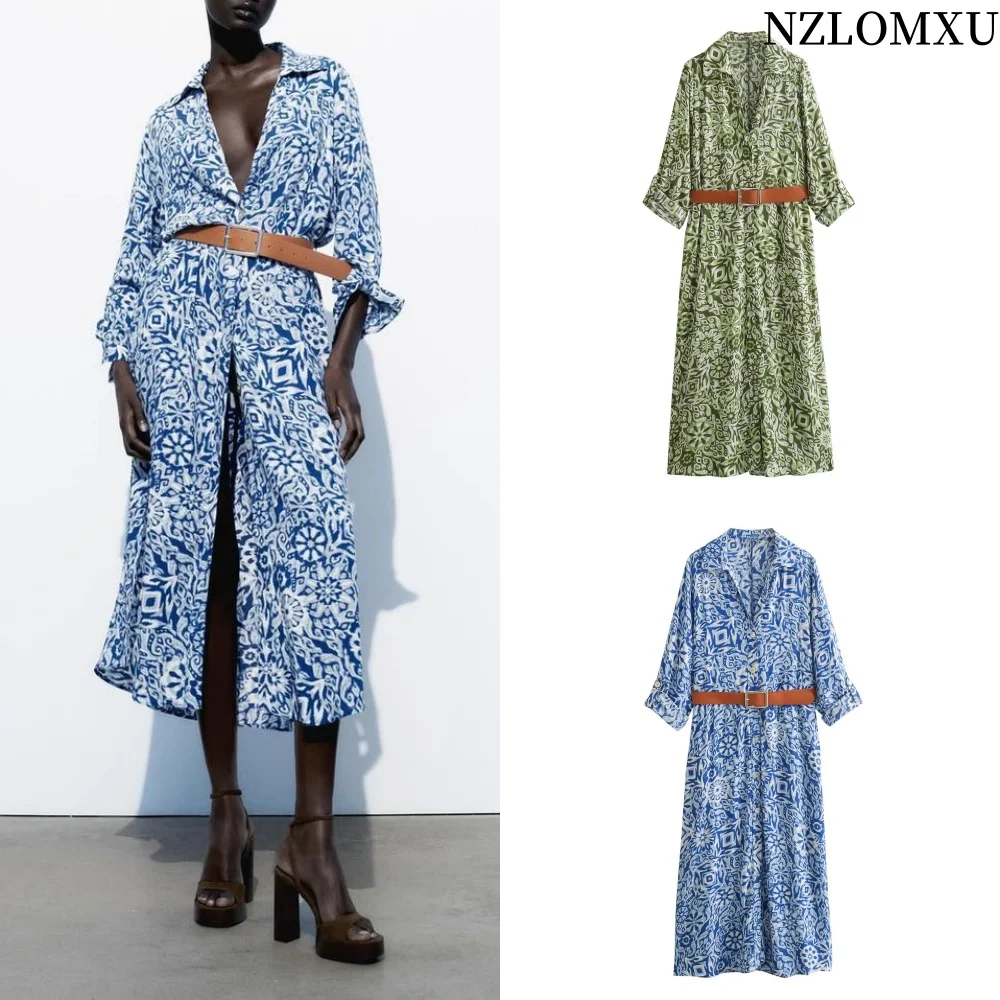 

Woman Floral Print Mini Dress With Belt Long Sleeve Fashion Summer Dresses 2025 Vintage Dress Female Evening Party Dresses