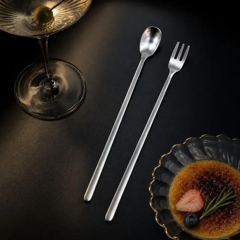 Stainless Steel Long Handle Stirring Coffee Spoon Fruit Fork Cocktail Stir Bar Spoon Multi‑Function Bar Drink Tableware Supplies