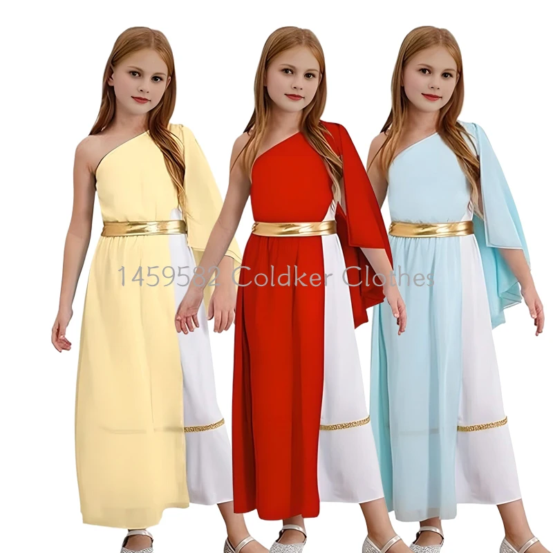 

Kids Girls Halloween Ancient Greek Egypt Toga Costume Single Shoulder Tulle Shawl Flowy Dress Choir Chorus Performance Dresses