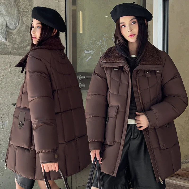 Women Parkas Turn Down Collar Full Sleeve Thick Coats Solid Zipper Spliced Jackets Pocket Casual Elegant Loose Autumn Winter