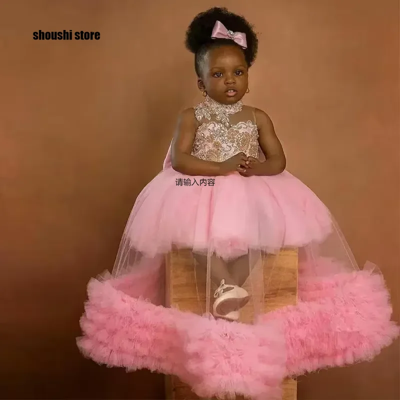 

Розовое Бальное Платье с цветочным принтом, платья для девочек на свадьбу, пышное Пышное Платье с бусинами для маленьких девочек, платье для малышей на Первое причастие