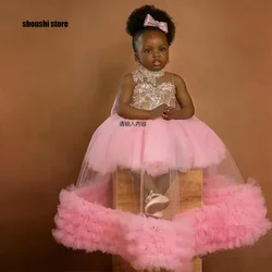 Pink Ball Gown Flower Girl Dresses For Wedding See Thro Beaded Puffy Little Girls Pageant Dress Toddler First Communion Gowns