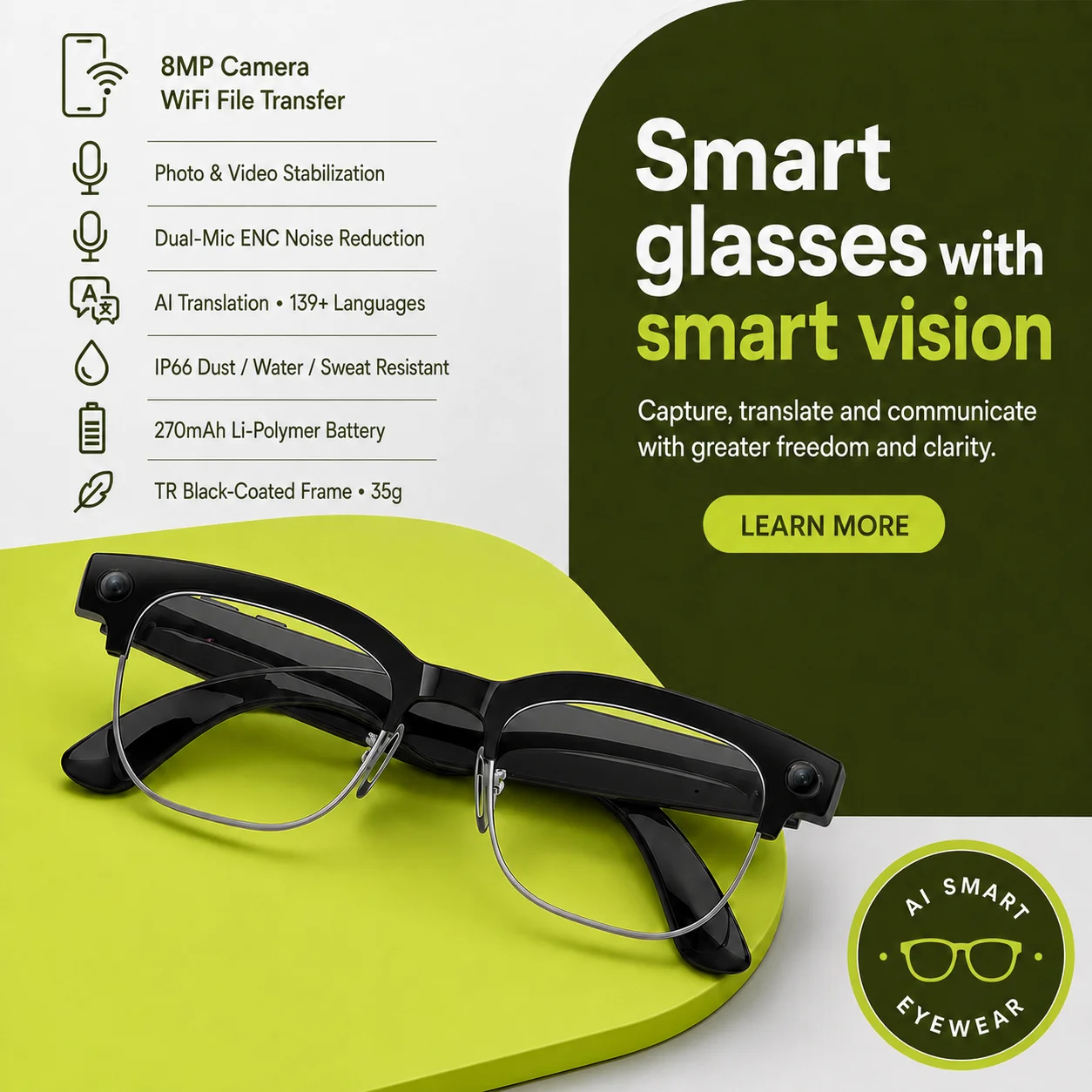 0206 4K HD Half Frame Glasses 8MP HD Camera 4GB Memory Wi-Fi Image Transfer AI Real-Time Translation Waterproof Smart Glasses