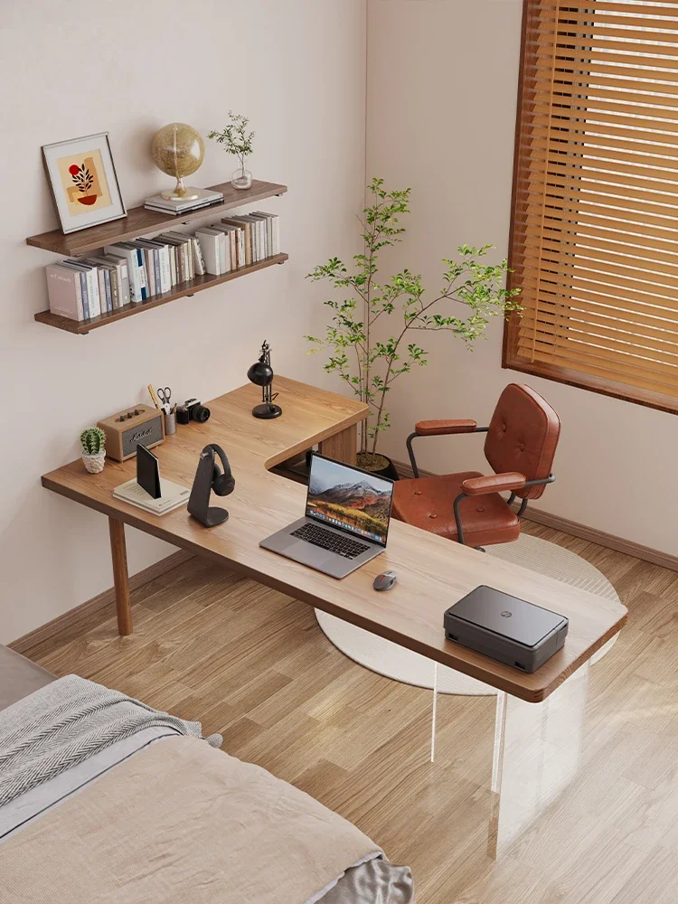 Solid wood corner desk storage bookshelf integrated against the wall small apartment bedroom study workbench office home