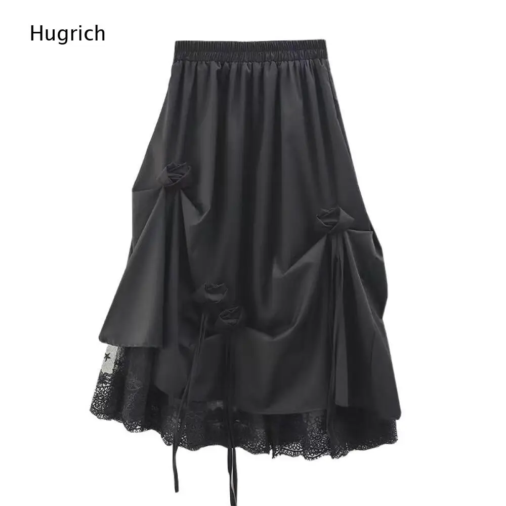 Vintage Dark Irregular Hem Skirt Elastic High Waist Hand Sewn Floral Decor Drawstring Ruched Lace Trim Women Daily Wear