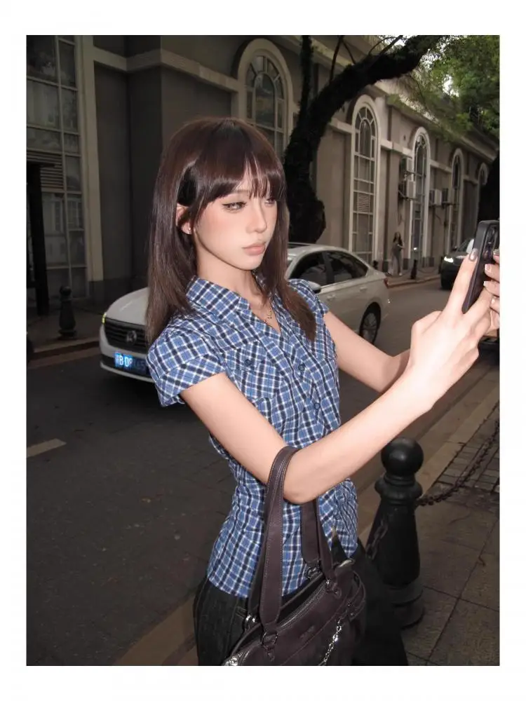 Seeslim Hotsweet bleu Plaid col rabattu chemise femme boutonné 2025 été hauts à manches courtes Blouse Vintage coréen Y2K