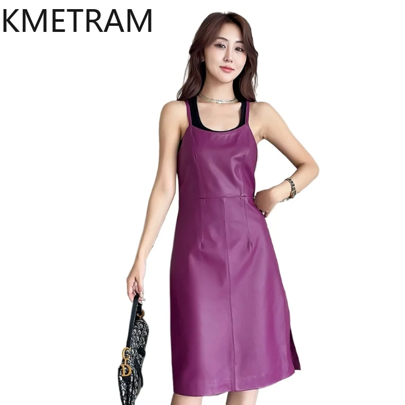 فستان نسائي من جلد الغنم بطبقة علوية 100% فساتين نسائية فاخرة متوسطة الطول من الجلد الطبيعي جديد في ملابس خارجية ملابس خريف 2025 للسيدات Овquina