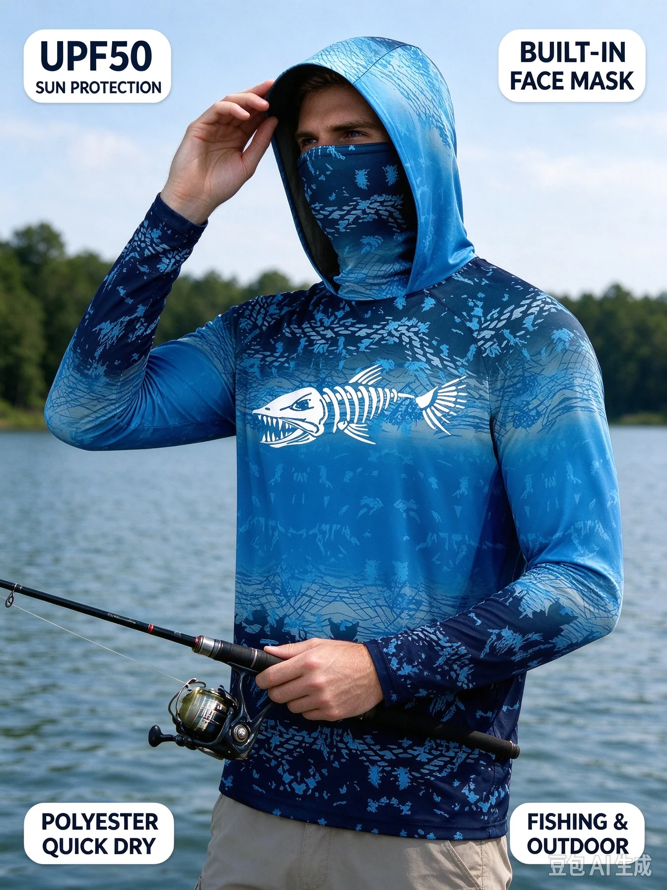 Fishing Shirt Uv Protection - Unisex-Fischerei-Kapuzenhemd in Blau mit Farbverlauf, Fischgrätenmuster,