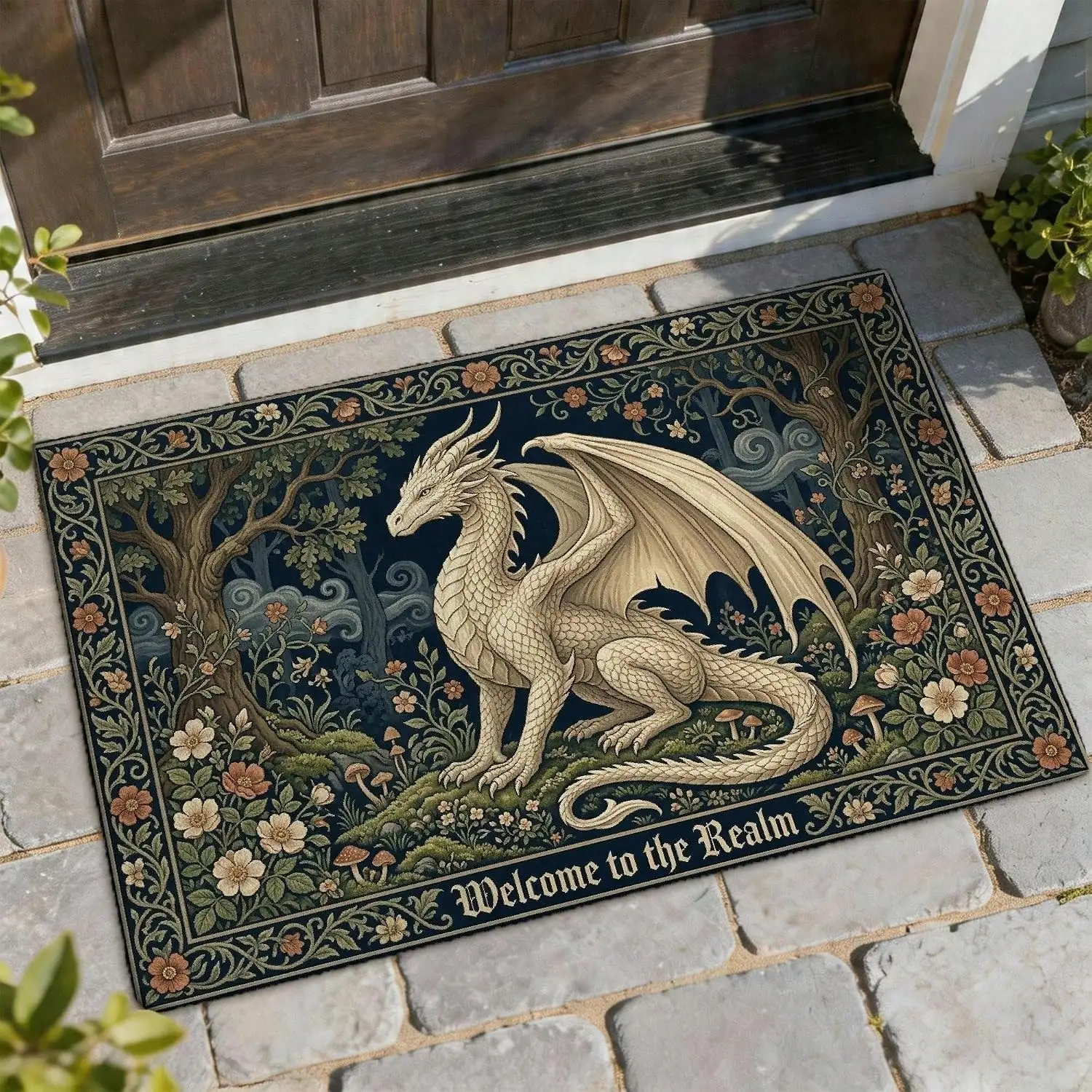 Welcome Door, Fantasy Fanciful Tree Flowers None Dark Blue Non-Slip Trapper Under Doormat Rug Outdoor Decor Front Door Entryway Patio 29x17 Inchflannel Carpet