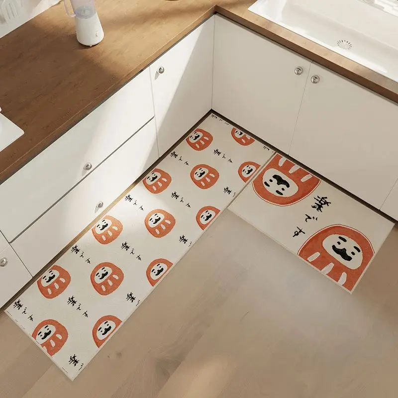 VIKAMA Plush Kitchen Mat Non-Slip Washable Cute Lucky Cat Beige Soft Kitchen Floor Mat Indoor Easy-Care Cooking Mat Home Decor