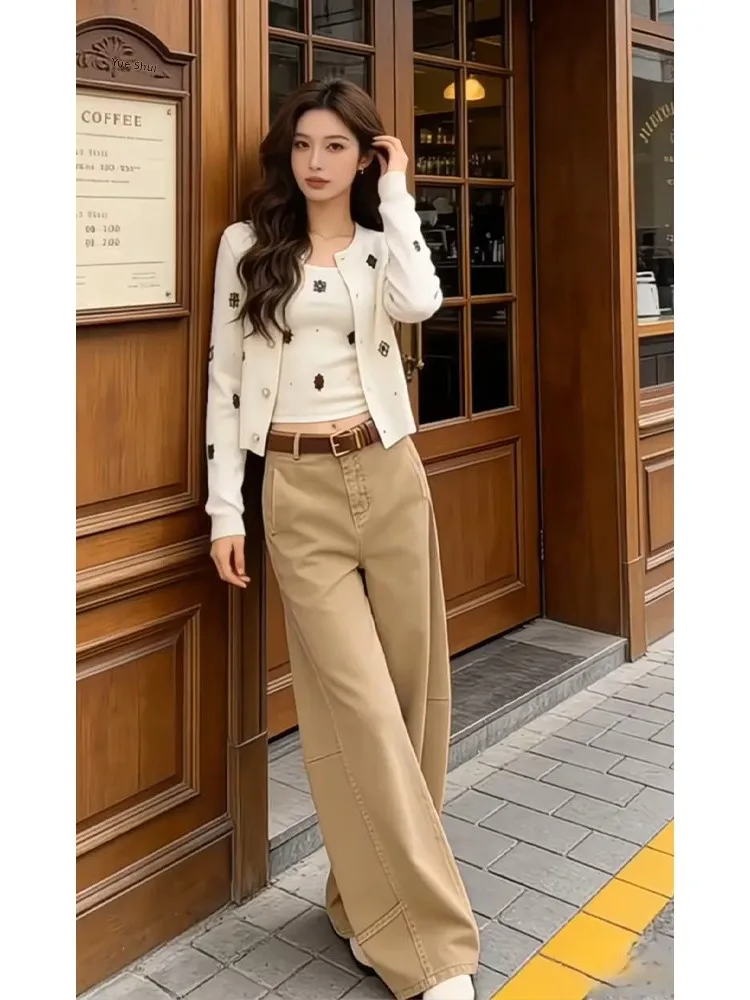 

White Short Knit Cardigan Top Women's High Waist Wide Leg Pants Three-piece Set Spring Fashion Korean Style Casual Wear