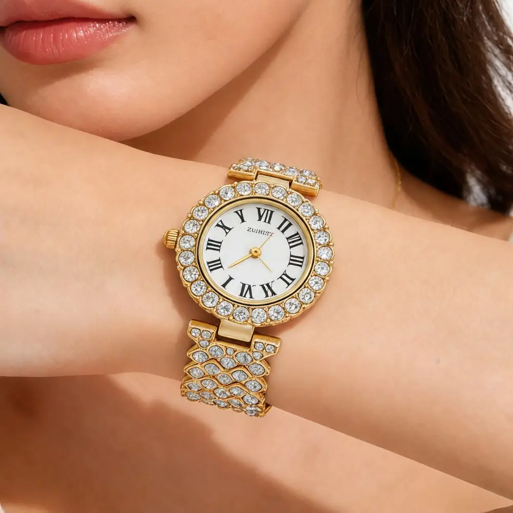 Crystal-Encrusted Diamond Bracelet Watch Adjustable Elegant Wrist Watches Water Resistant Precise Watches for Women