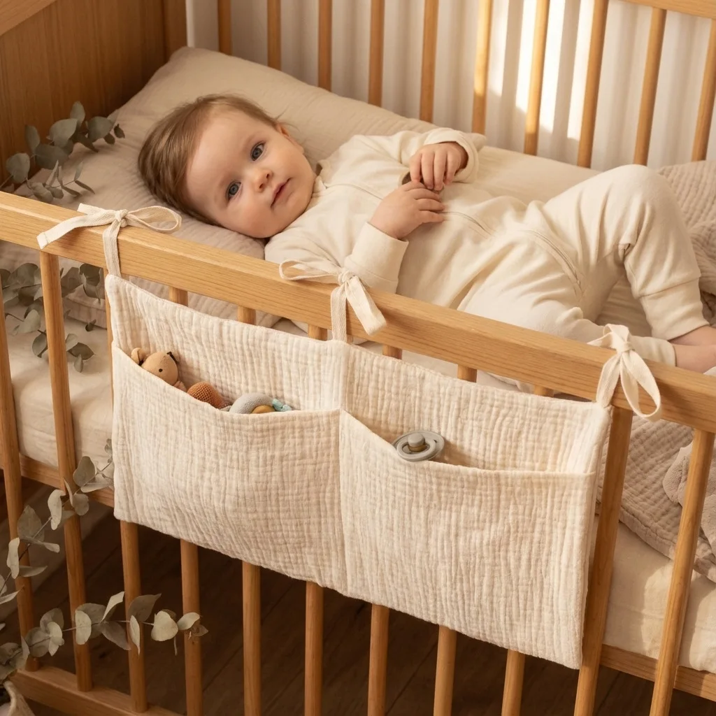 New Double-Layer Pure Cotton Children's Storage Bag, Solid Color Double-Layer Pocket, Baby Crib Hanging Bag, Baby Supplies