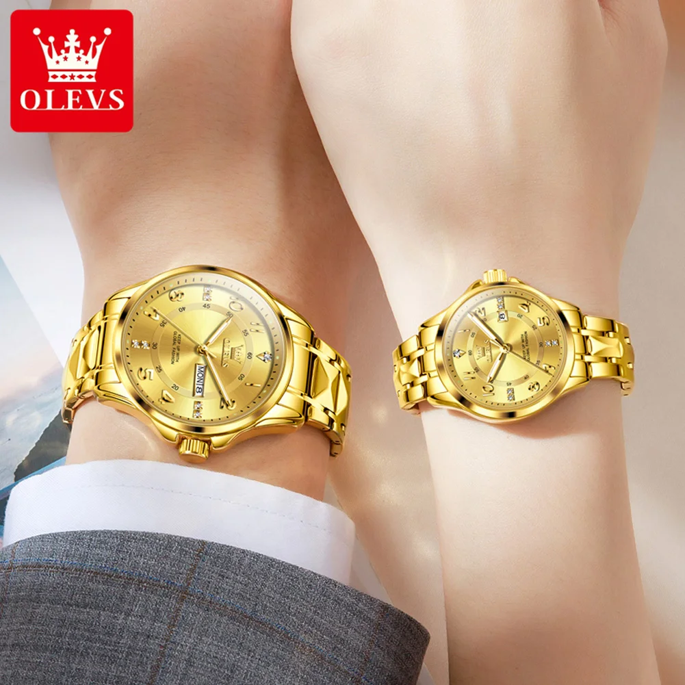 OLEVS-Relógio quartzo de luxo masculino e feminino, pulseira de aço em forma de diamante, relógio de pulso calendário impermeável, 2910