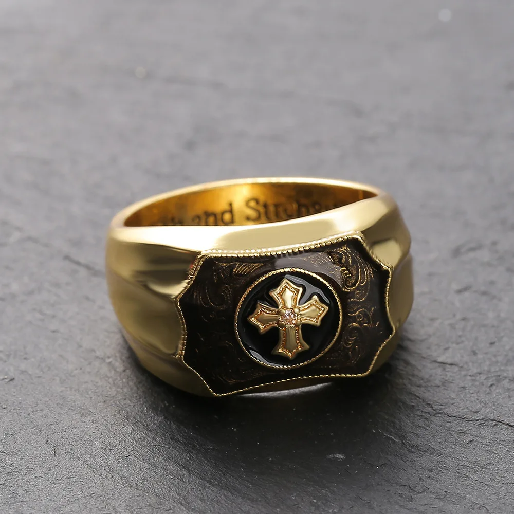 Europe and The United States New Trend Simple Retro Man-made Onyx Cross Faith and Power Ring Party Men\'s Finger Ring Accessories