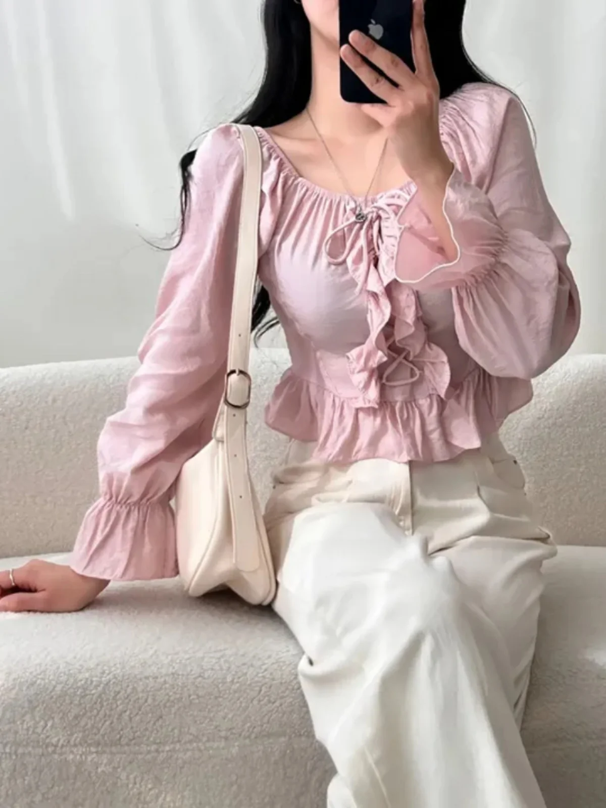 

Chic ort Chic Sweet Lace Trim Personali a Waist Bell Sve Women's irt Korean Sle Long Sve Square Collar