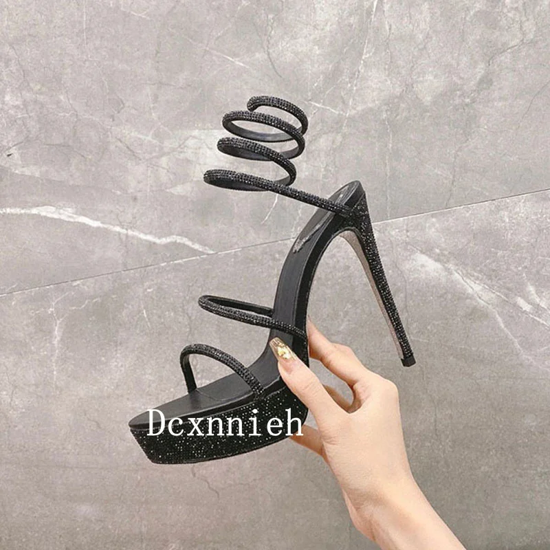 Summer New Crystal Decoration Thin Heel Sandals Women Solid Color Simple Versatile Narrow Band Sandalias Sexy Party Dress Shoes