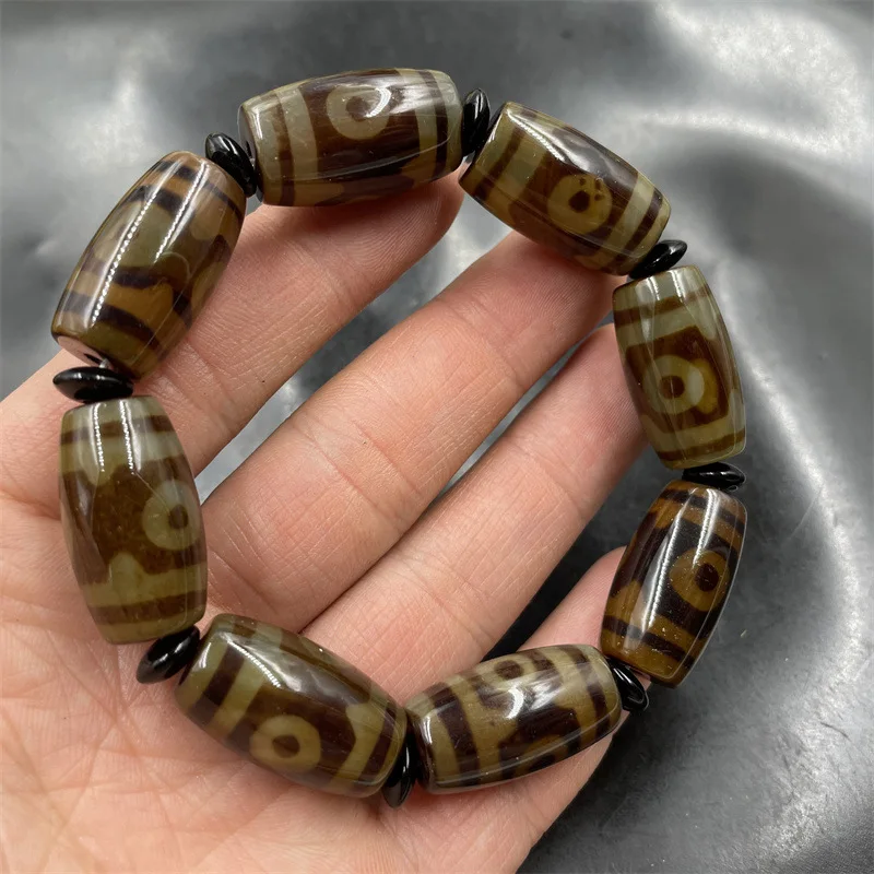 Three-Eyed Dzi Agate  Vintage Tibetan Tube Bead Bracelet