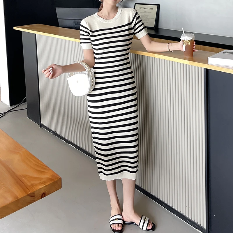 Hip Wrapped Knit Striped O-neck Short Sleeved Midi Dress Long Women Clothing One-Piece Dress Gown Elegant Casual Holiday Summer