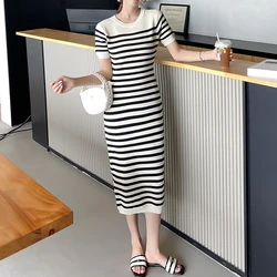 Hip Wrapped Knit Striped O-neck Short Sleeved Midi Dress Long Women Clothing One-Piece Dress Gown Elegant Casual Holiday Summer