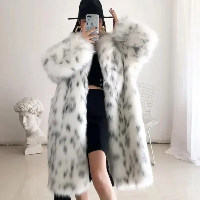Women Faux Fur Long Coat Fashion Spot Printed Winter Warm Long Sleeve Casual Imitation Fur Trench Outwear For Party