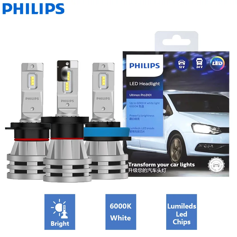 Philips-Phare de voiture LED Ultinon Pro3101, H1, H4, H7, H11, HB3, 9005, HB4, 9006, HIInter 9012, 6000K, Blanc brillant, Original, Phares antibrouillard