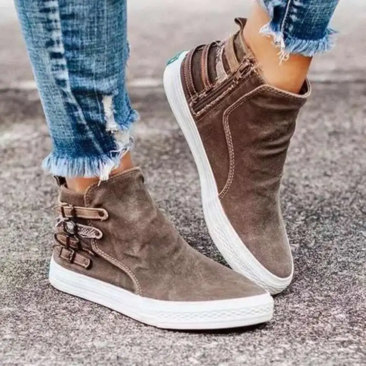 Scarpe di tela da donna 2022 Autunno High Top Fibbia della cintura Donna Mocassini casual Appartamenti Plus Size Cerniera Denim Scarpe da donna