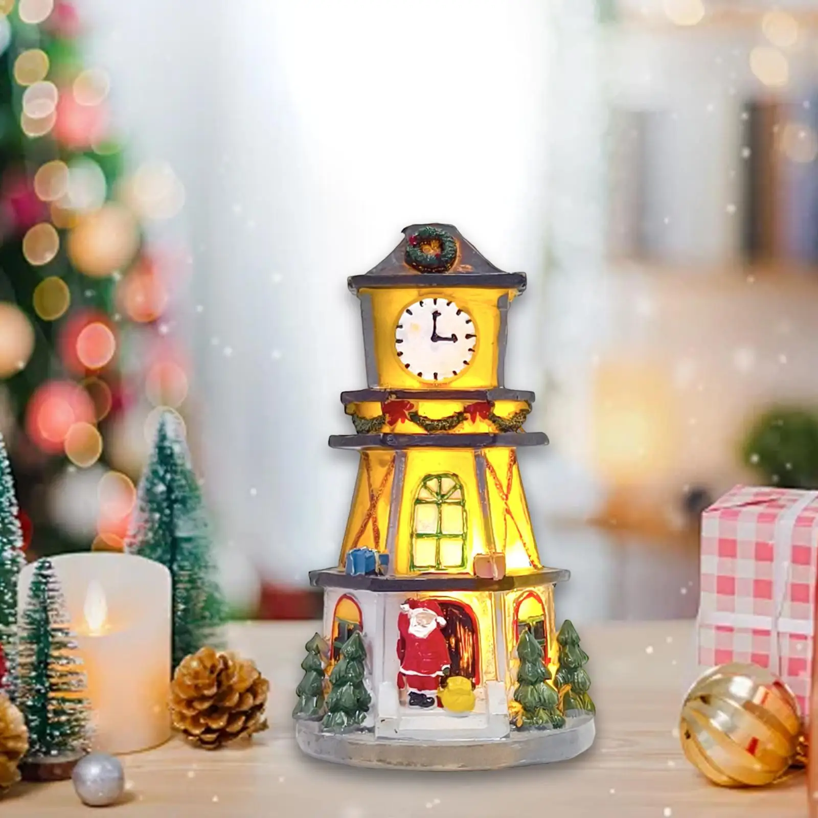 Lighted up Christmas Village House Fireplace Landscape Party LED Clock Tower