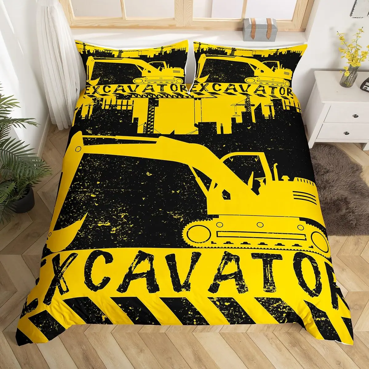 Excavator Duvet Cover Set Twin Queen Size Cartoon Truck Bedding Set Kids Teens Room Decor Construction Vehicle Comforter Cover
