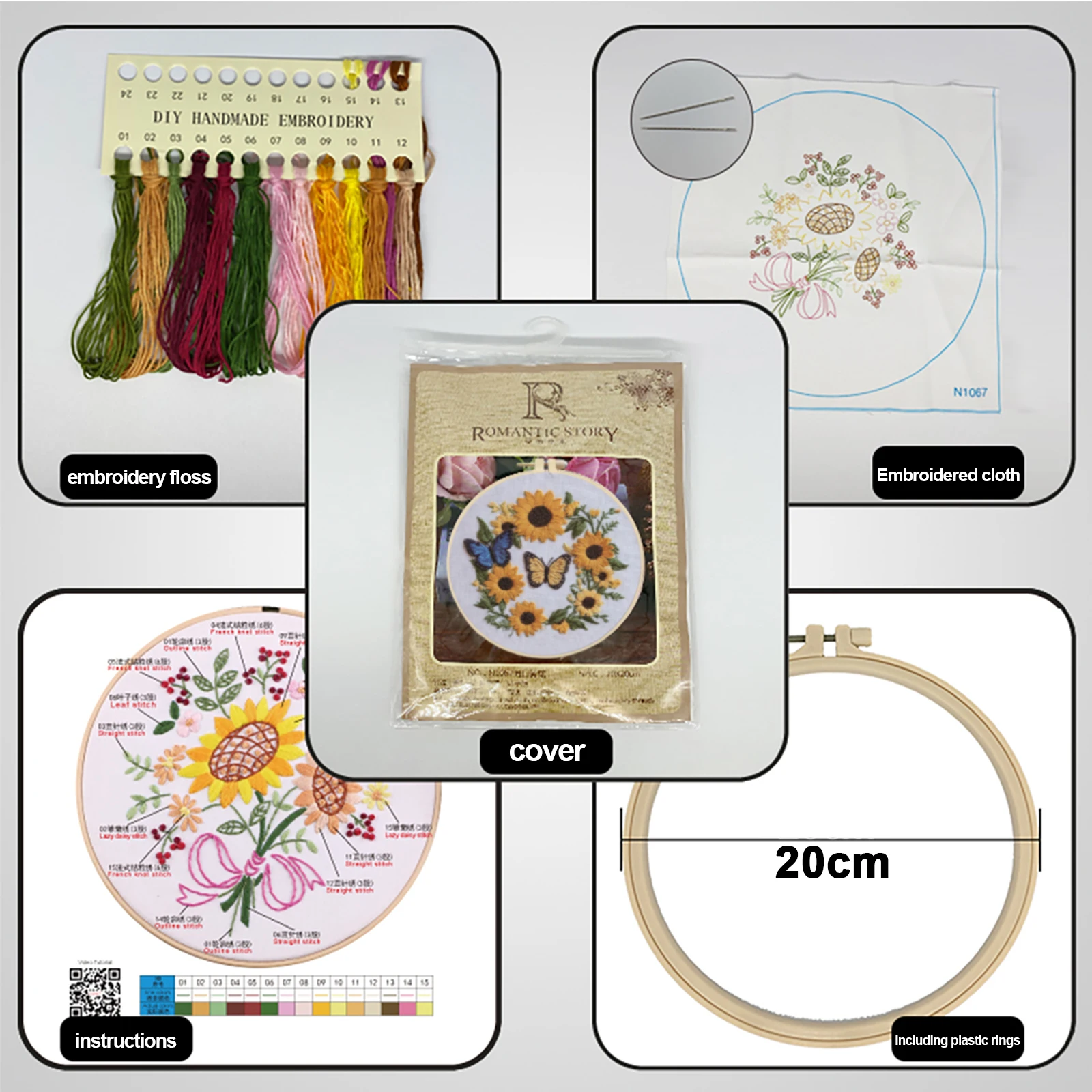 

Flower Animal DIY Embroidery Starter Kit 30x30cm Embroidery Stitches Practice Kit for Beginners Adults Hand Craft Lover Gift
