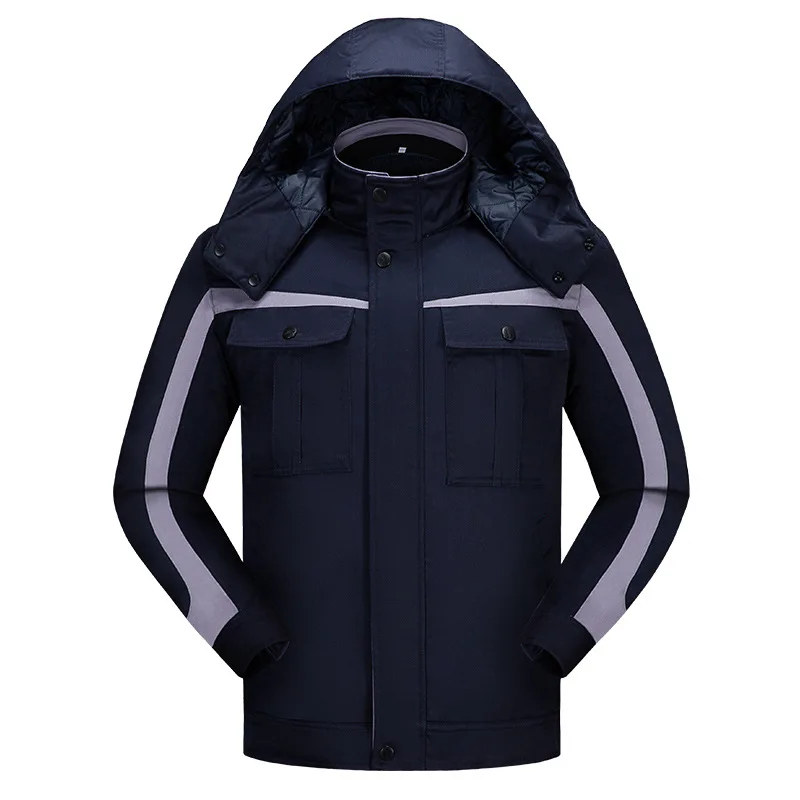 冬の作業服綿パッド入り暖かい厚いメンズフード付き労働者スーツジャケットコントラストカラーワークコートワークショップサーマルオーバーコート