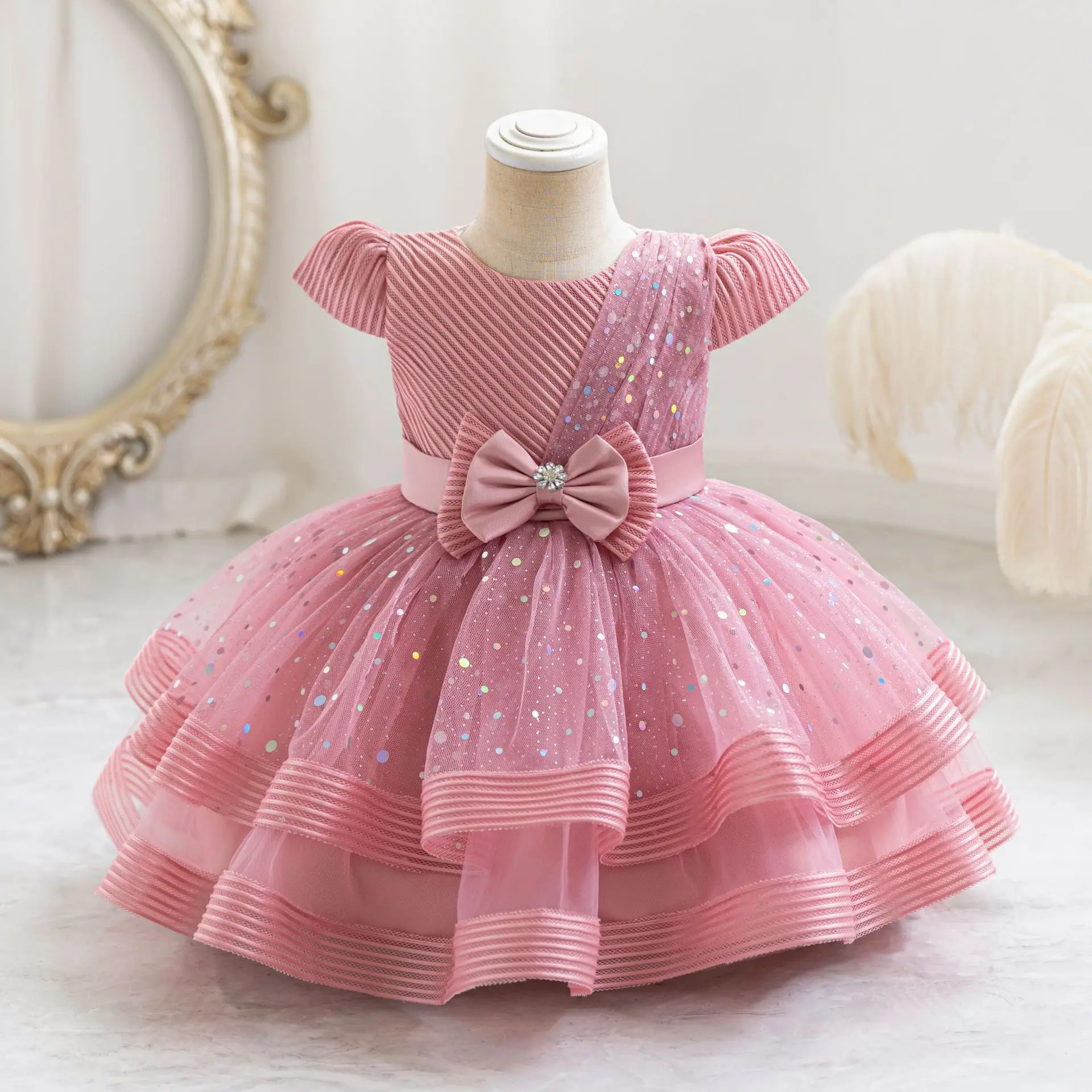 

Shiny Toddler Baby Girls Cap Sleeves Beaded Layered Ruffled Flower Girl Birthday Party Formal Pageant Gown