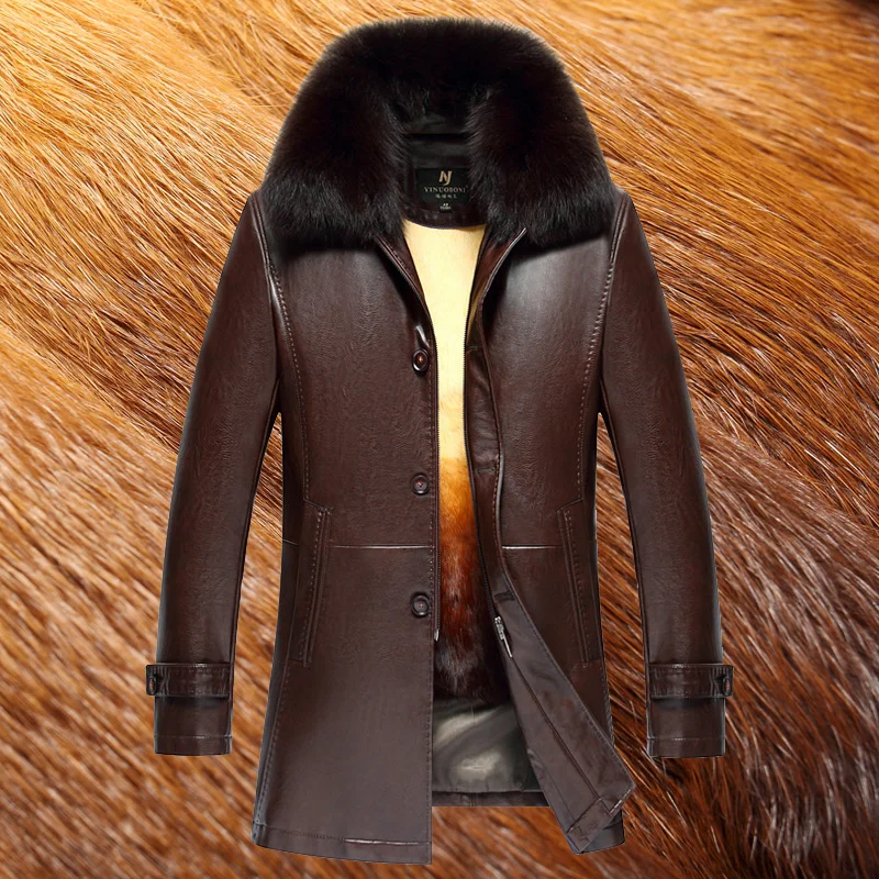 

Winter Jackets for Men Mid-long Genuine Leather Jacket Man Clothes Black Fashion Warm Coat Male Fox Fur Collar Chaquetas Hombre