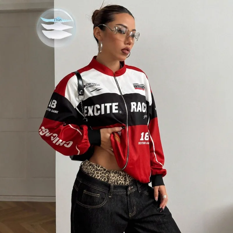 

Цветной лоскутный принт с буквенным принтом Y2K, свободные повседневные куртки, женские модные винтажные уличные куртки с воротником-стойкой и длинными рукавами на молнии