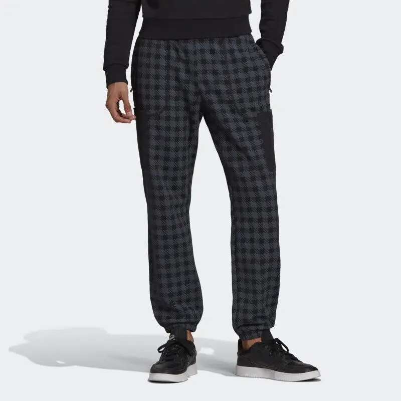 Adidas Men's Houndstooth Patterned Track Pants with Black Pocket Inserts for Casual and Sports Wear