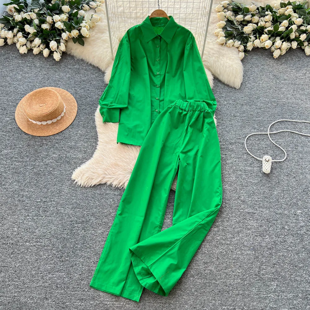 

Pant Set Women Two Piece Sets Turn Down Collar Full Sleeve Shirt Tops Wide Leg Long Pants High Waist Y2k Streetwear Work 2025