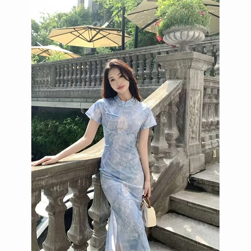 

2025 Spring/Summer Chinese Cheongsam Blue Printed Inverted Short Sleeve Improved Cheongsam Retro Bamboo Leaf Chinese Style Dress